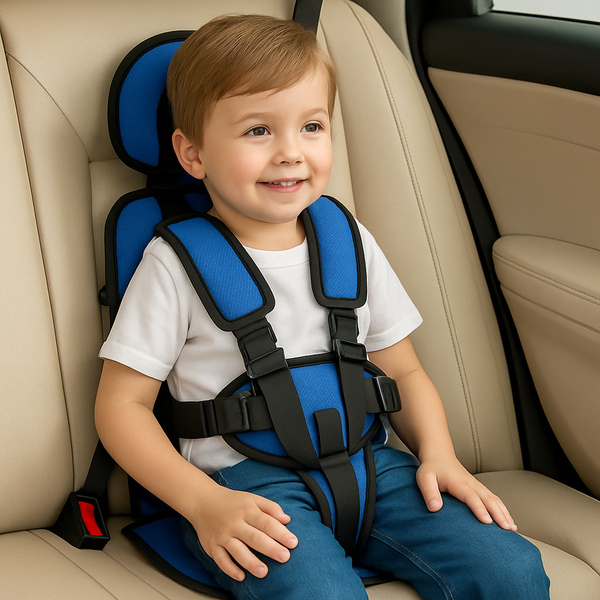 Child wearing a blue harness while seated in a car.