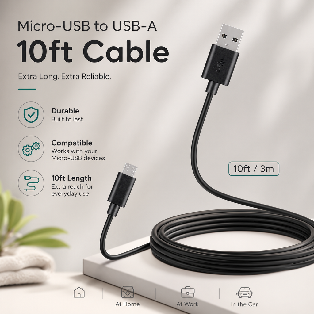 10ft Micro USB Cable with Fast Charging and Tangle-Resistant Jacket