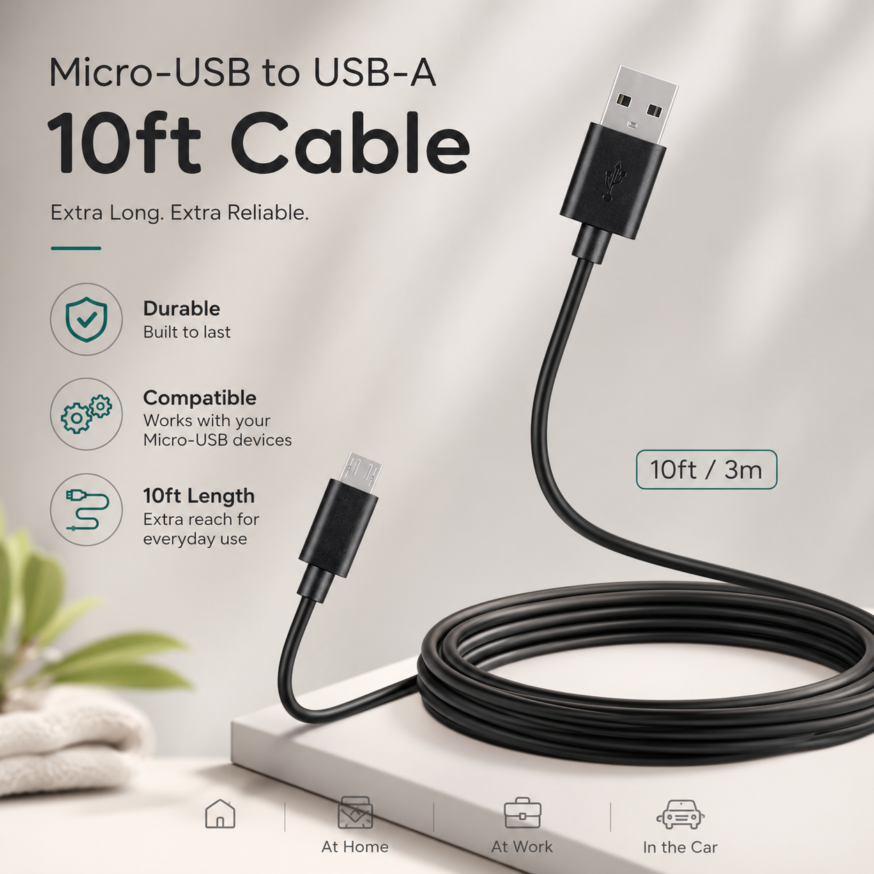 10ft Micro USB Cable with Fast Charging and Tangle-Resistant Jacket