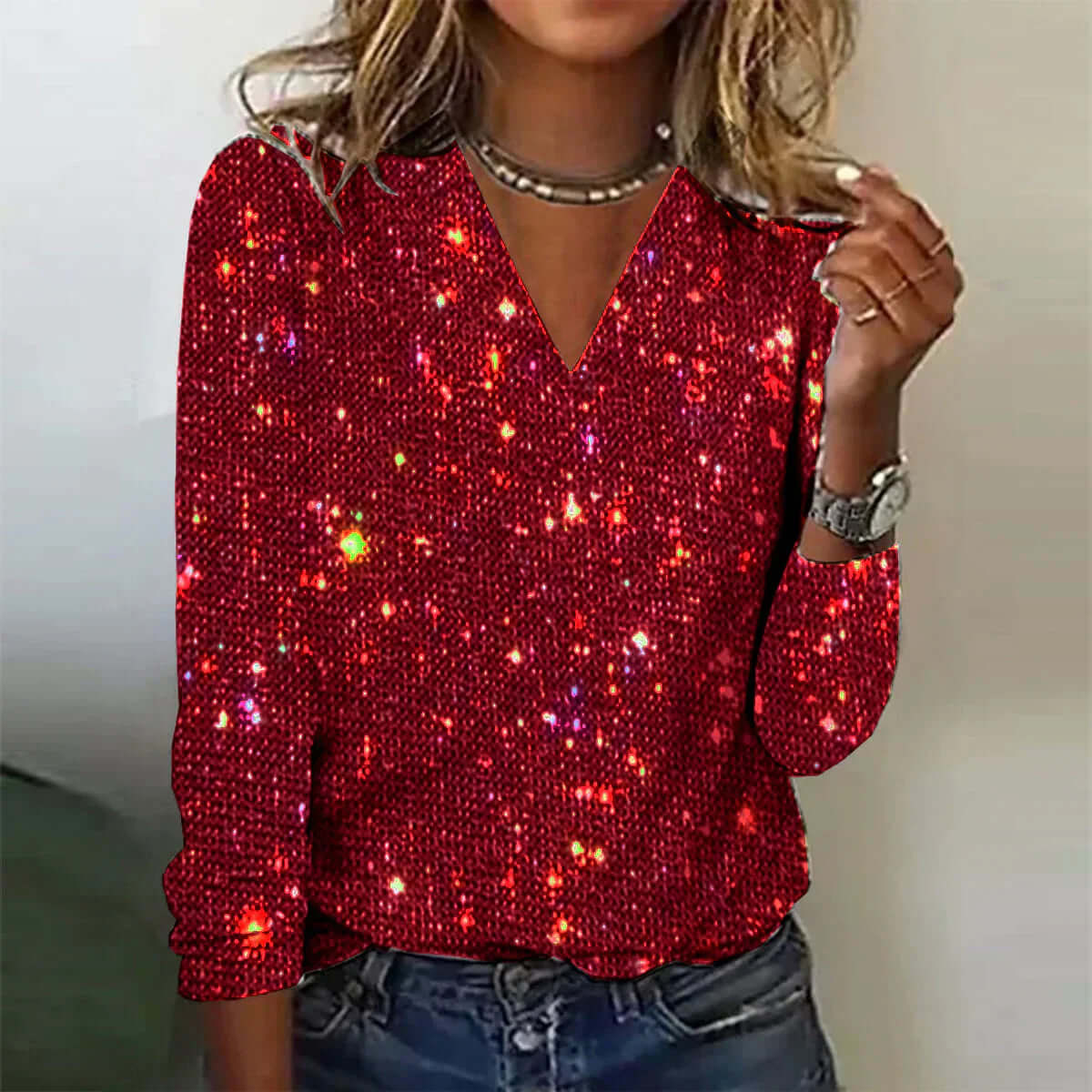 Women's Festive Shimmering V-neckline Sweater