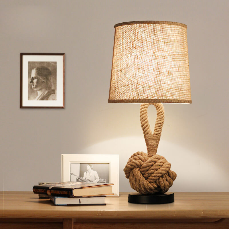 Vintage Table Lamp Fabric Shade Twine Wrapped Bedside Accent Lighting - Image 3