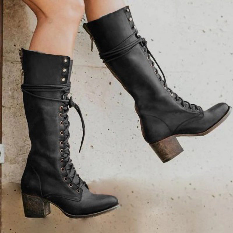 Women’s Fashion Heel Lace-Up Knee-High Boots