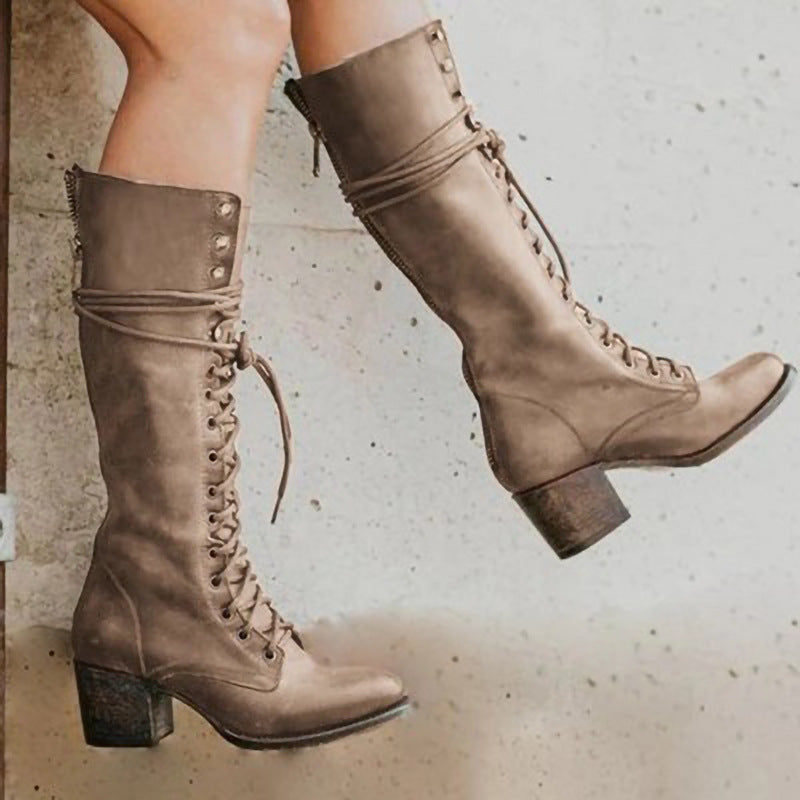Women’s Fashion Heel Lace-Up Knee-High Boots