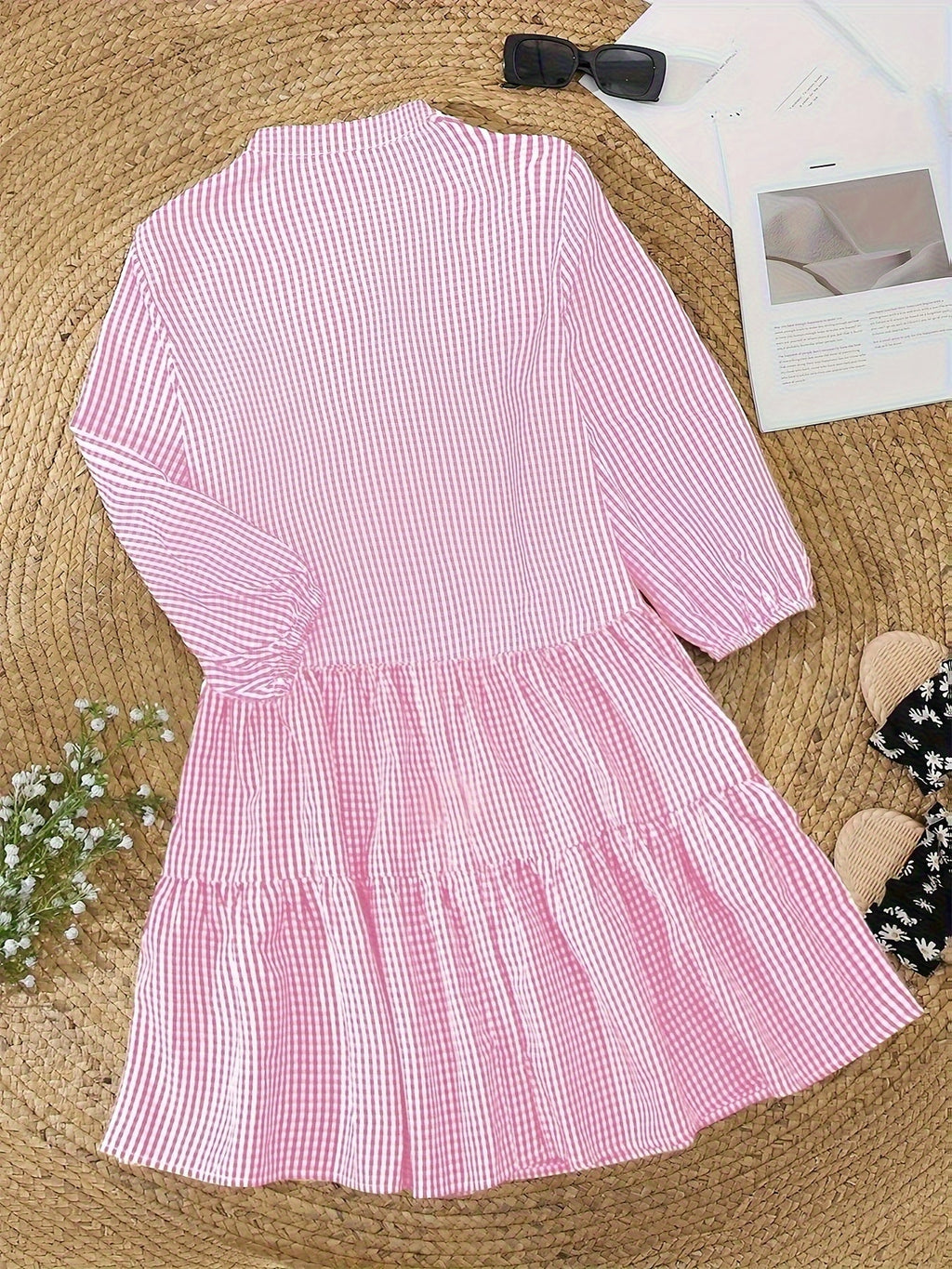 Women's Sunny Gingham Stripes Summer Dress with Airy 3/4 Puffed Sleeves