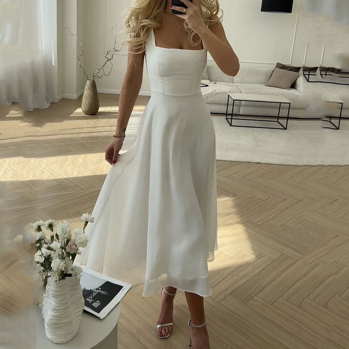 Women's Evening Square Neckline Midi Wedding Guest Dress