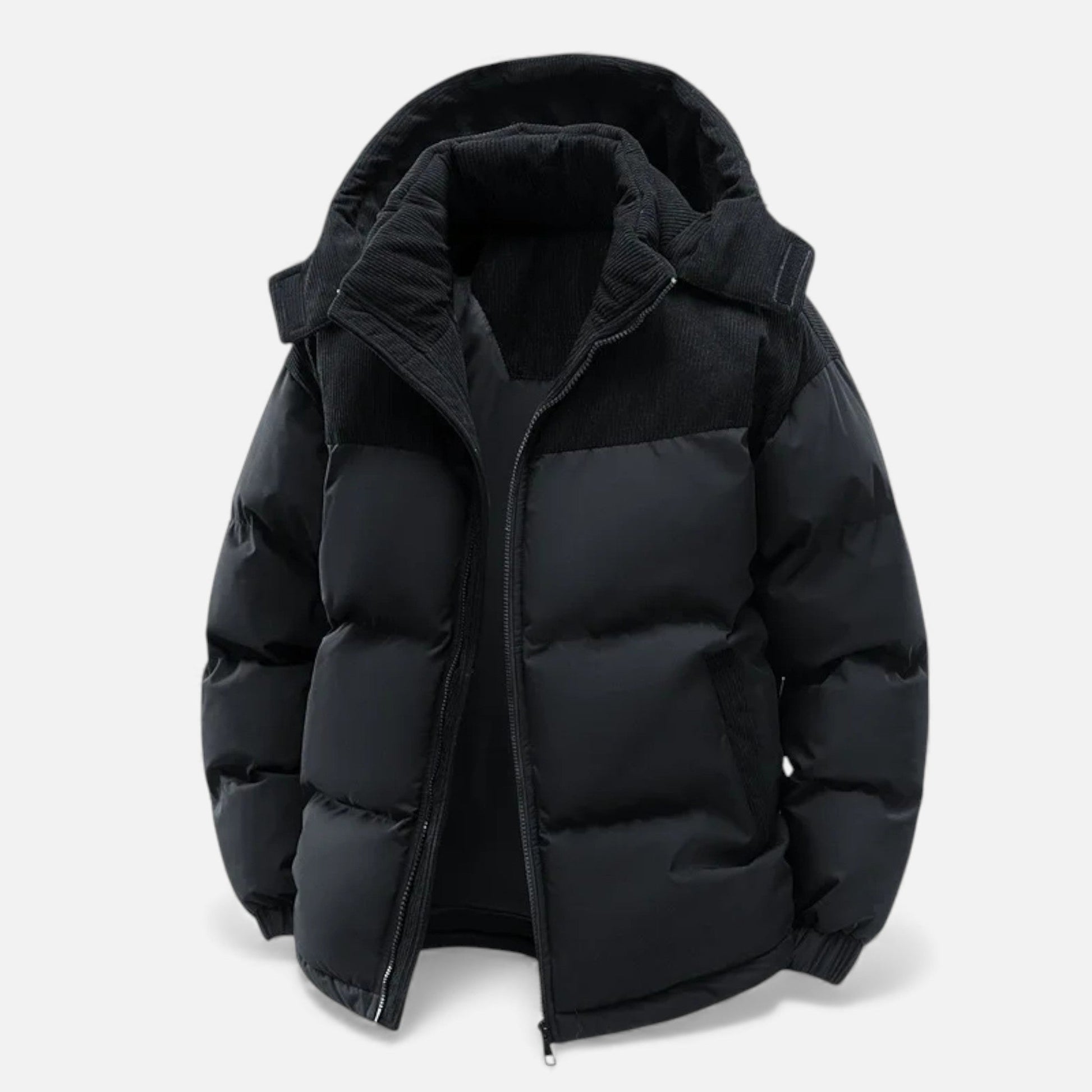 Men’s Casual Thick Fleece-Lined Winter Jacket with Stand-up Collar and Removable Hood