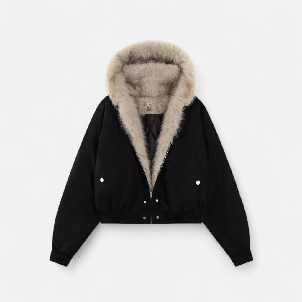 Women’s Retro Winter Fur Hooded Collar Thermal Coat with Functional Pockets and Zippers