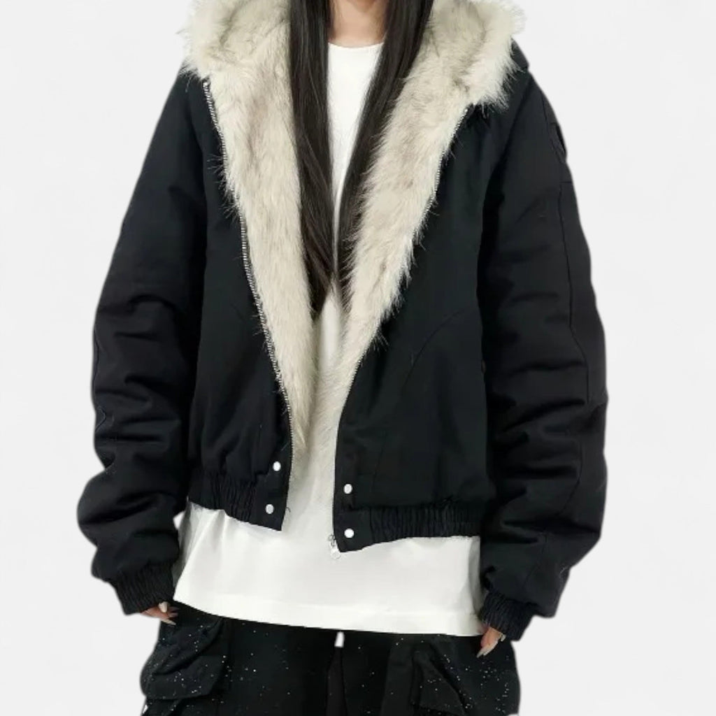 Women’s Retro Winter Fur Hooded Collar Thermal Coat with Functional Pockets and Zippers