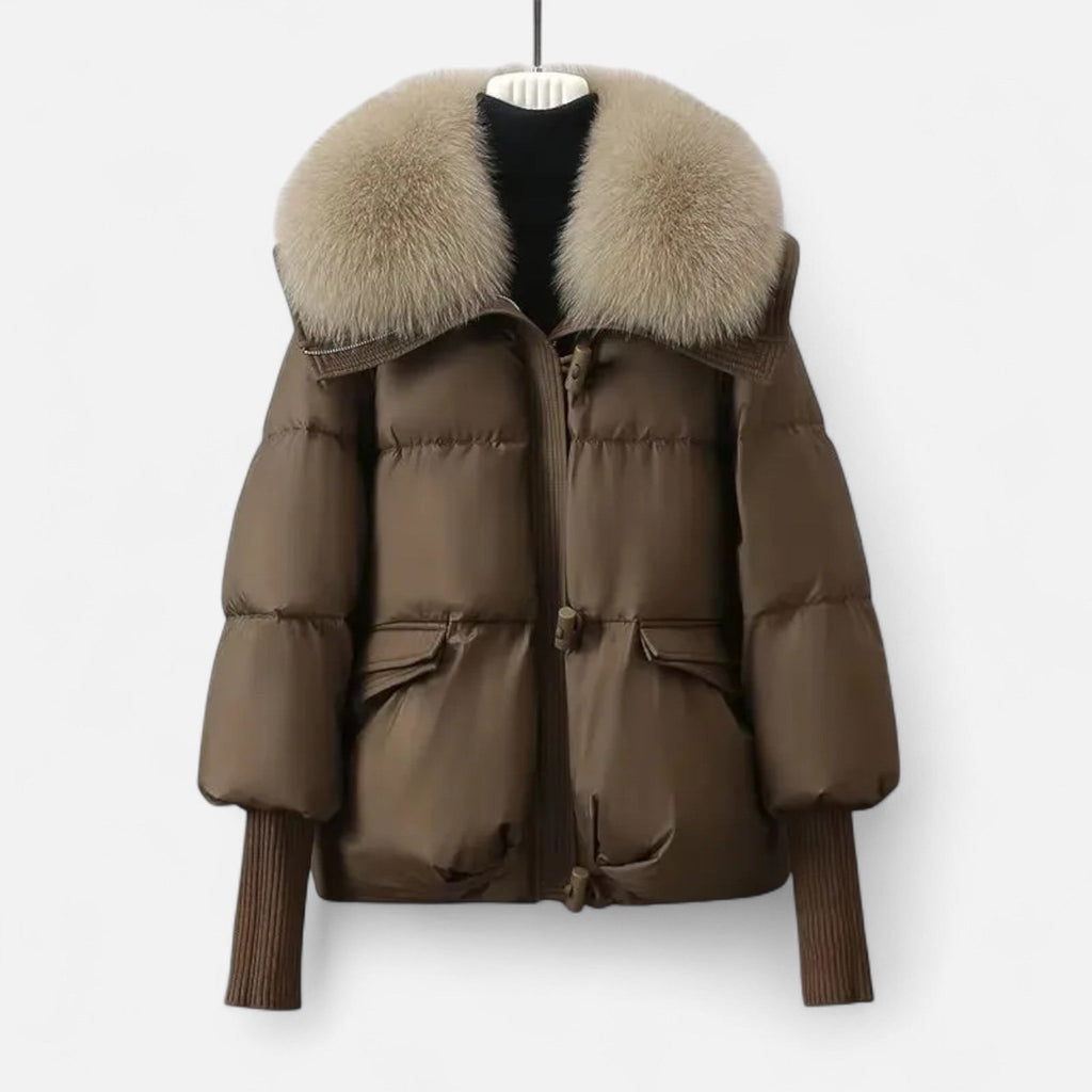 Women’s Fashionable Layered Down Jacket with Thick Design and Fur-Collar