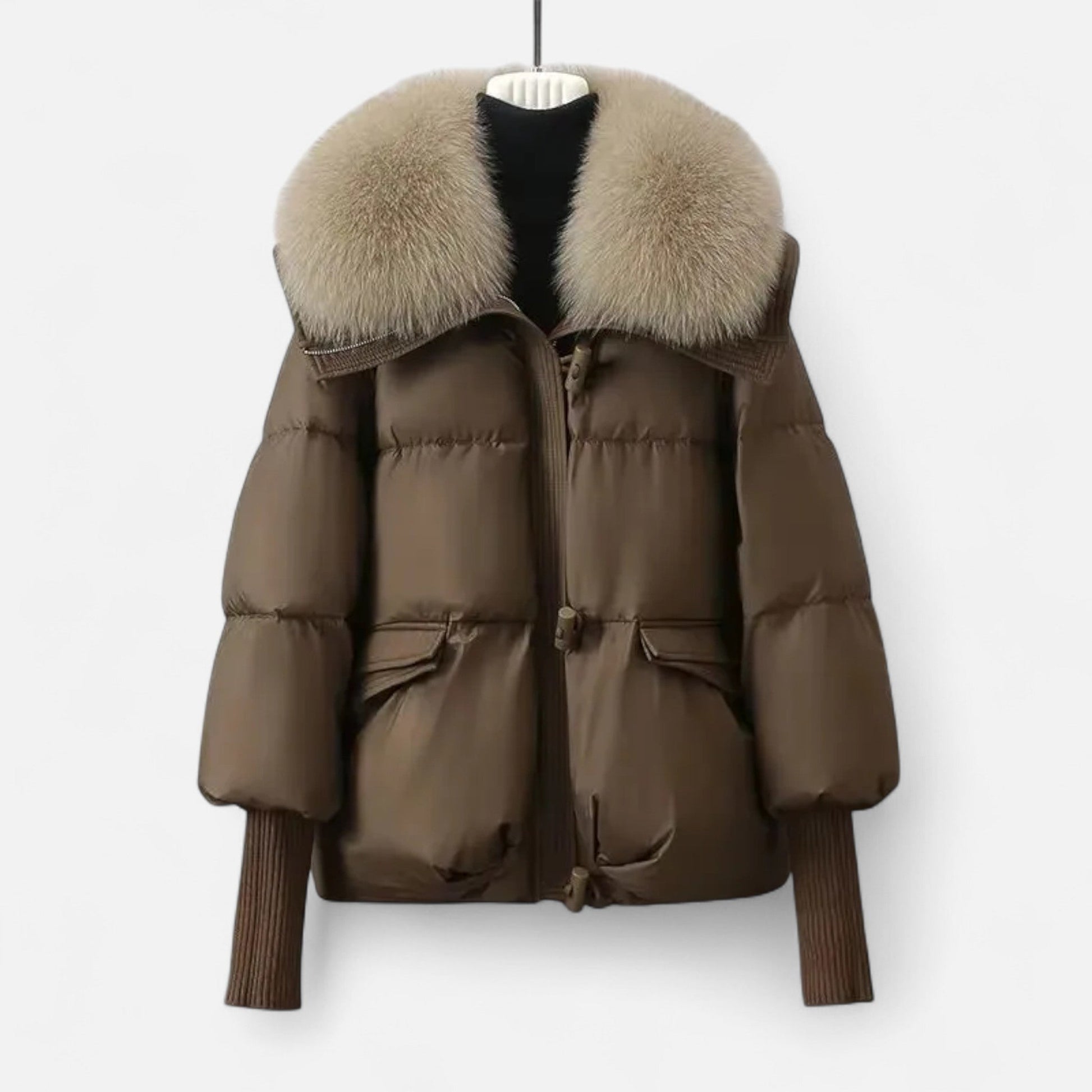 Women’s Fashionable Layered Down Jacket with Thick Design and Fur-Collar