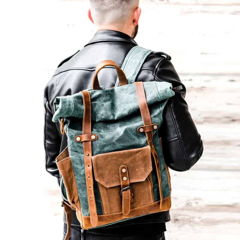 Men's Military Roll-Top Canvas Travel Hiking Laptop Backpack - Image 2