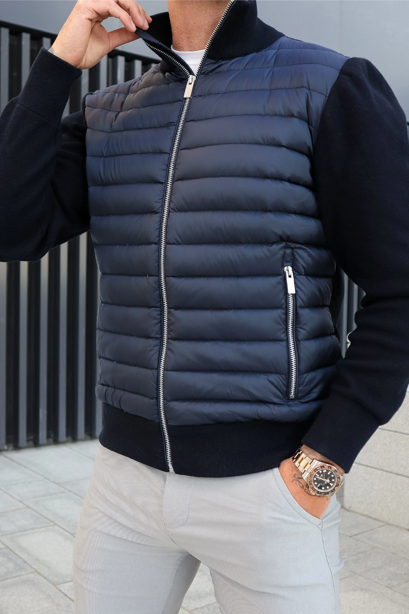 Men's Quilted Knitted Sleeve Jacket with Zipper and Pockets