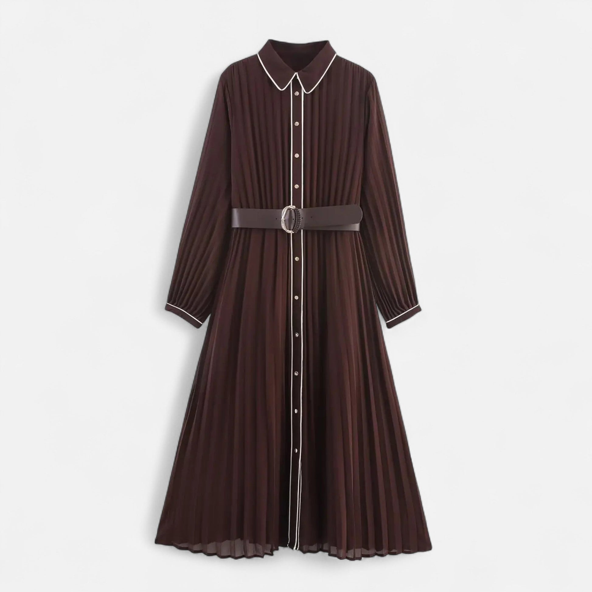 Women’s Elegant Belted Long Sleeves Chiffon Midi Dress with Turn-Down Collar