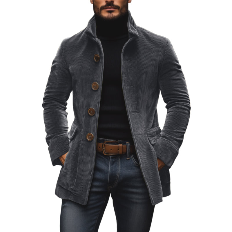 Men's Rugged Warm Outdoor Corduroy Coat with Stand-Up Collar and Side Pockets