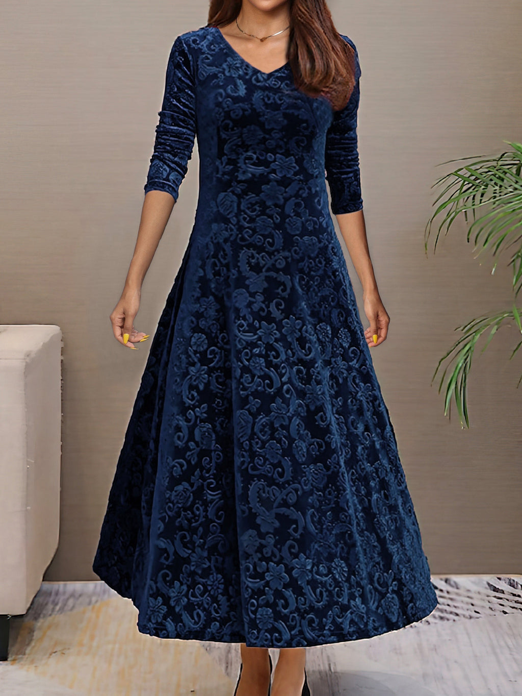 Women's Elegant V-Neck Long Sleeve Formal Dress with Floral Pattern