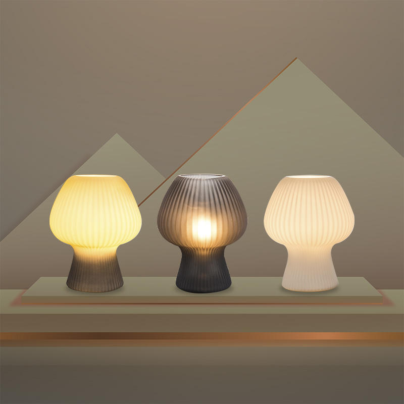 Vintage Bedside Lamp Ribbed Glass Mushroom Table Lamp Dimmable
