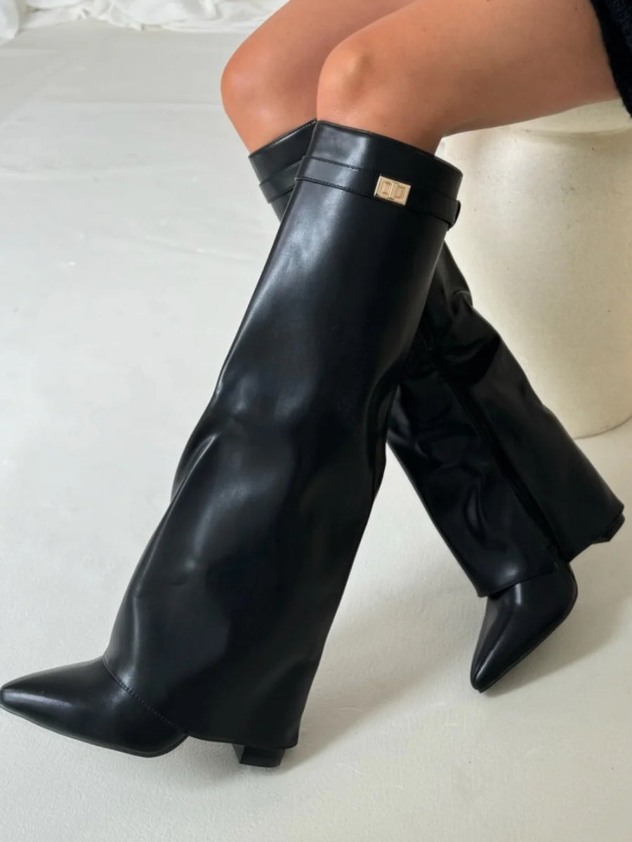 Women’s Fashion Knee High Boots with Flared Top and Block Heel