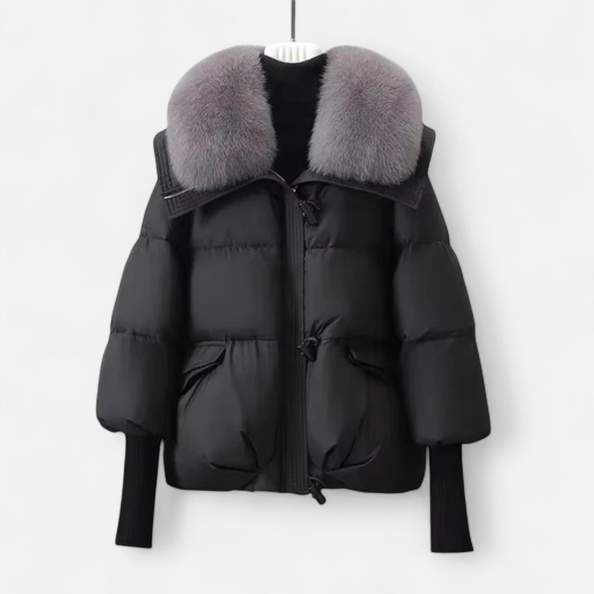 Women’s Fashionable Layered Down Jacket with Thick Design and Fur-Collar