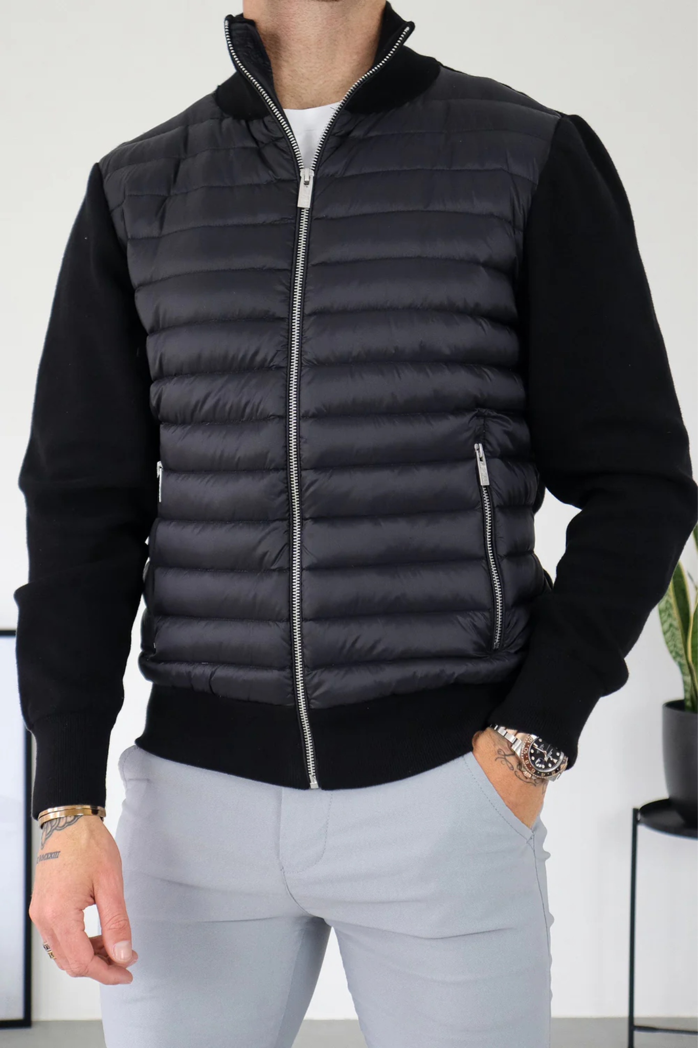 Men's Quilted Knitted Sleeve Jacket with Zipper and Pockets