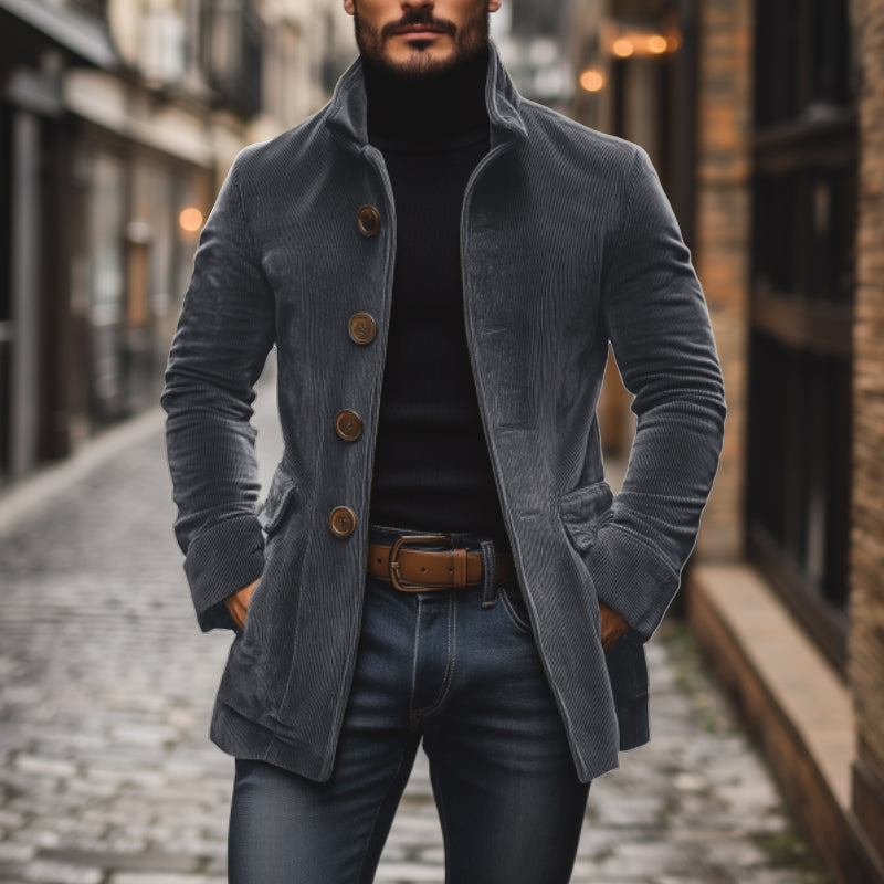 Men's Rugged Warm Outdoor Corduroy Coat with Stand-Up Collar and Side Pockets