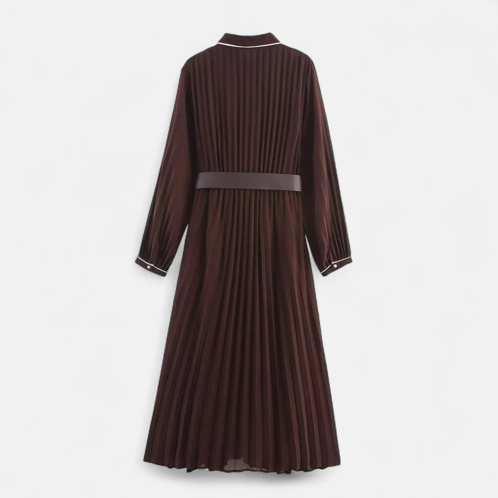 Women’s Elegant Belted Long Sleeves Chiffon Midi Dress with Turn-Down Collar