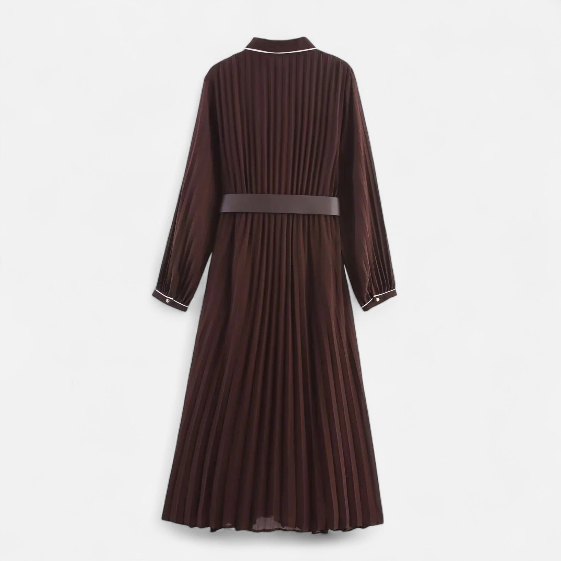 Women’s Elegant Belted Long Sleeves Chiffon Midi Dress with Turn-Down Collar
