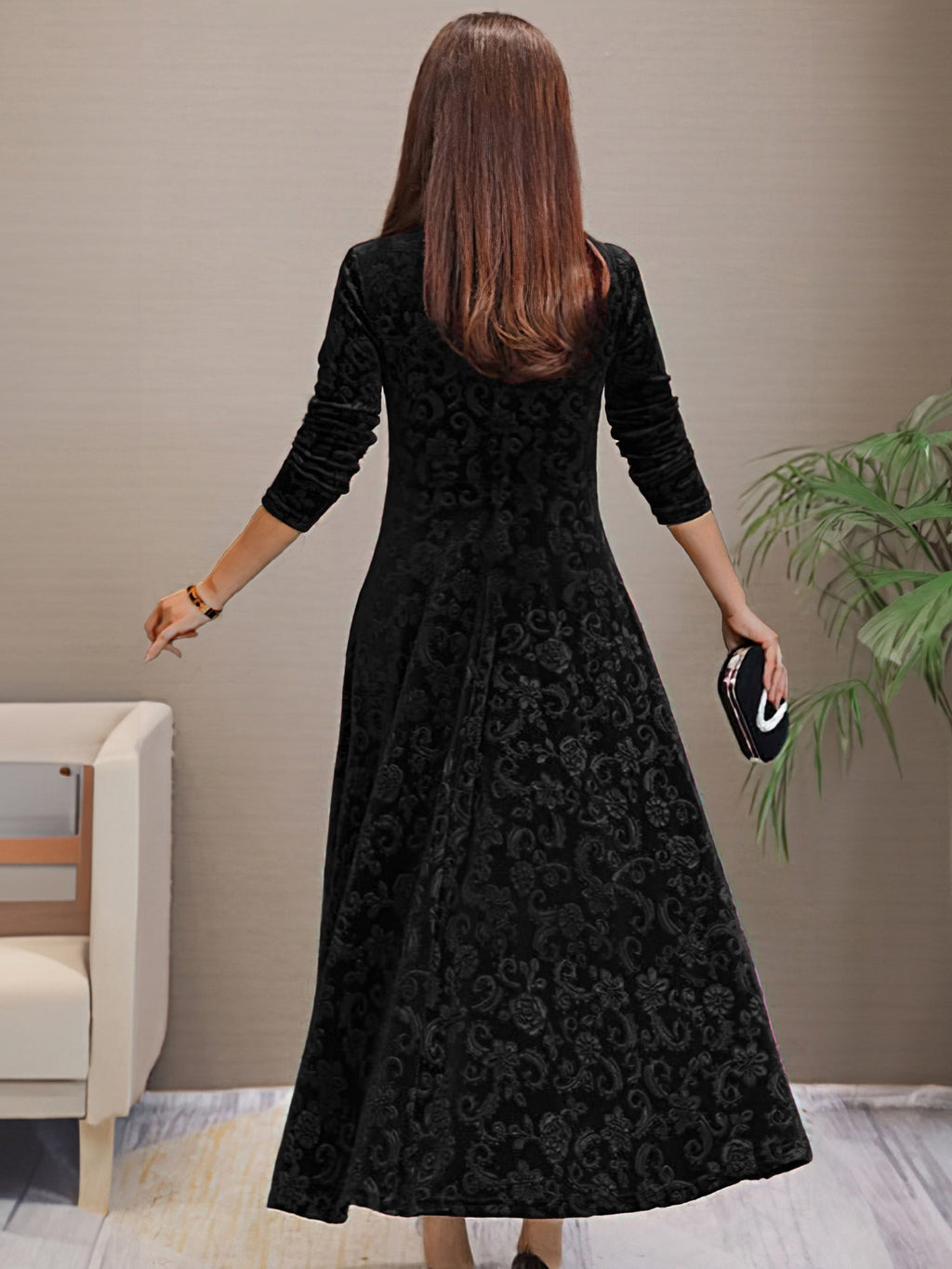 Women's Elegant V-Neck Long Sleeve Formal Dress with Floral Pattern