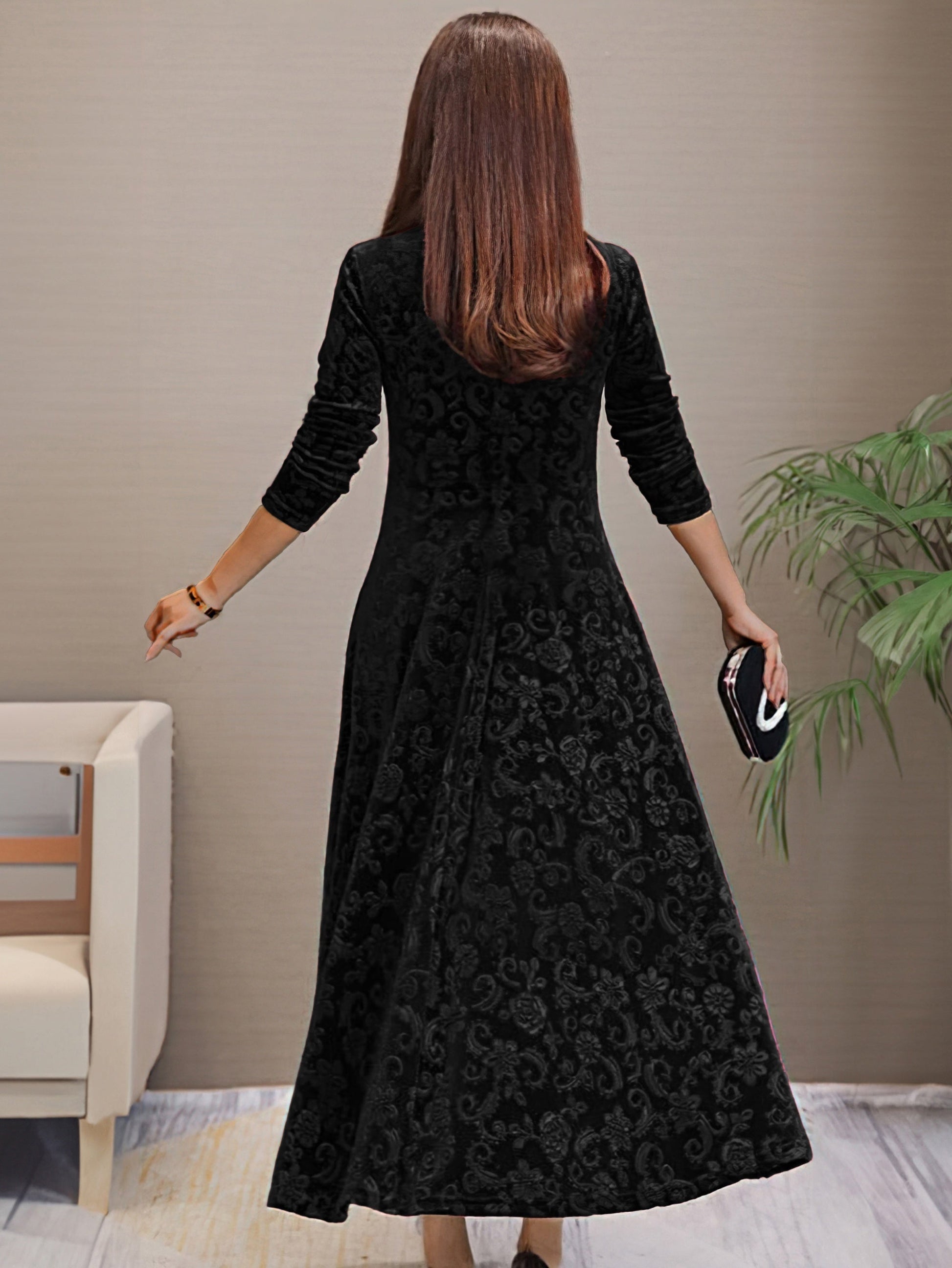 Women's Elegant V-Neck Long Sleeve Formal Dress with Floral Pattern