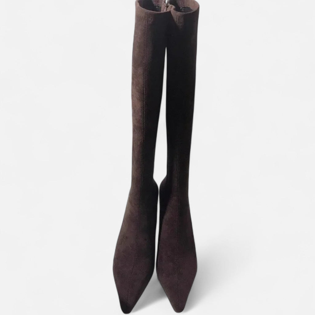 Women’s Sleek Suede Thigh-High Heeled Boots with Pointed Toe