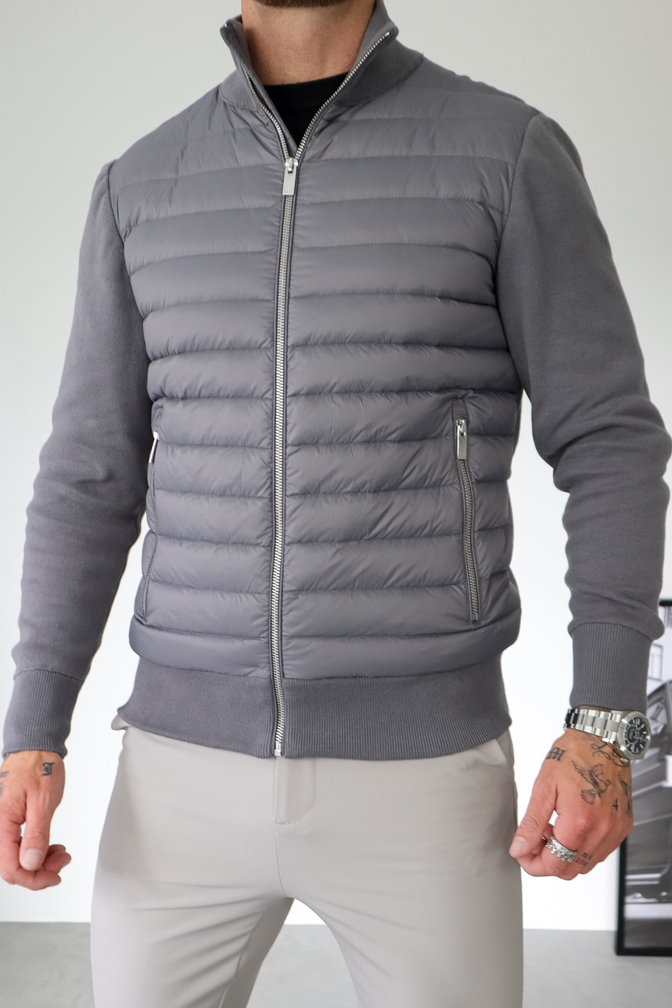 Men's Quilted Knitted Sleeve Jacket with Zipper and Pockets