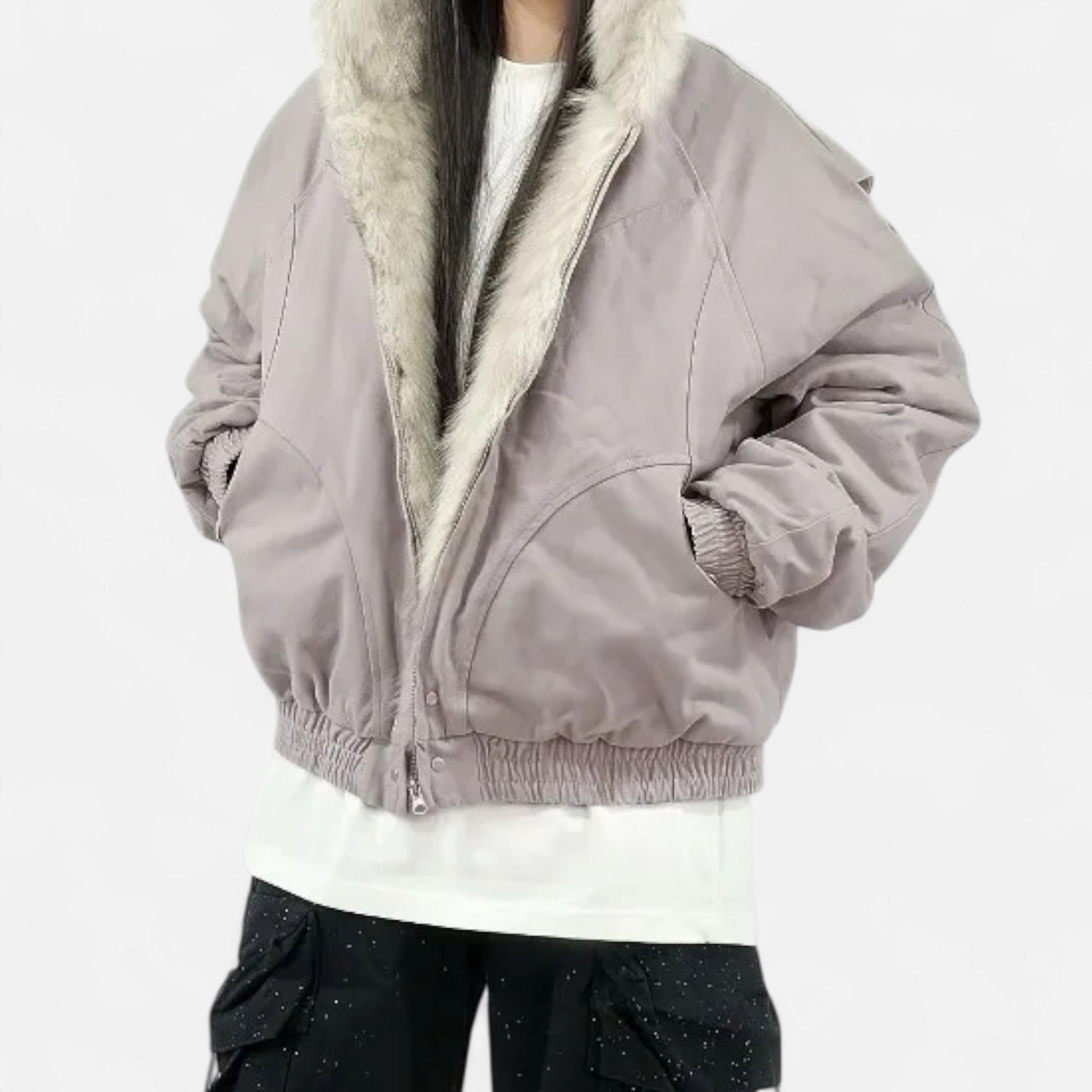 Women’s Retro Winter Fur Hooded Collar Thermal Coat with Functional Pockets and Zippers