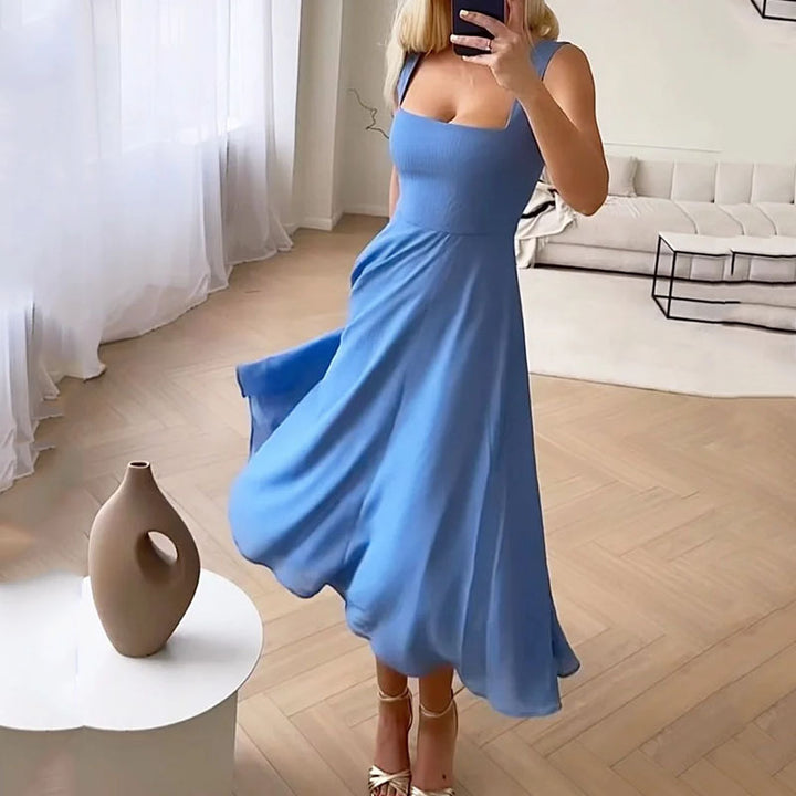 Women's Evening Square Neckline Midi Wedding Guest Dress