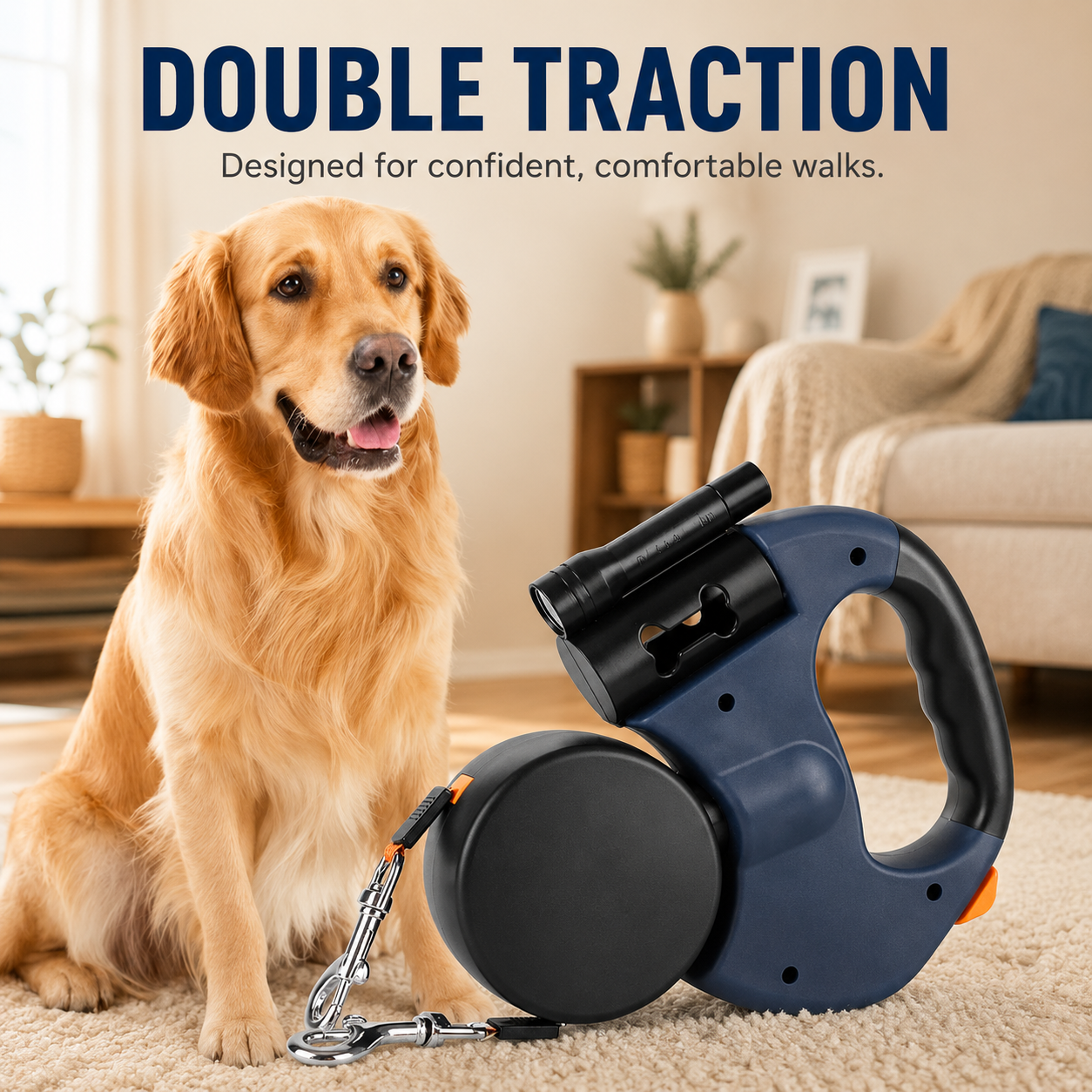 10FT Dual Retractable Dog Leash with Flashlight