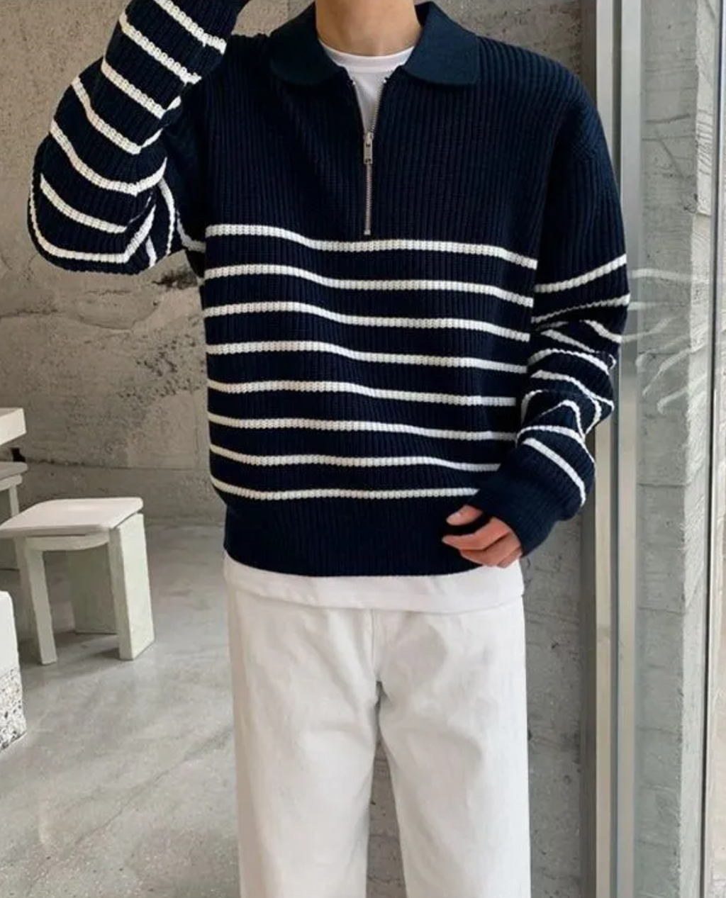 Men's Warm Relaxed Layered Quarter Zip Sweater