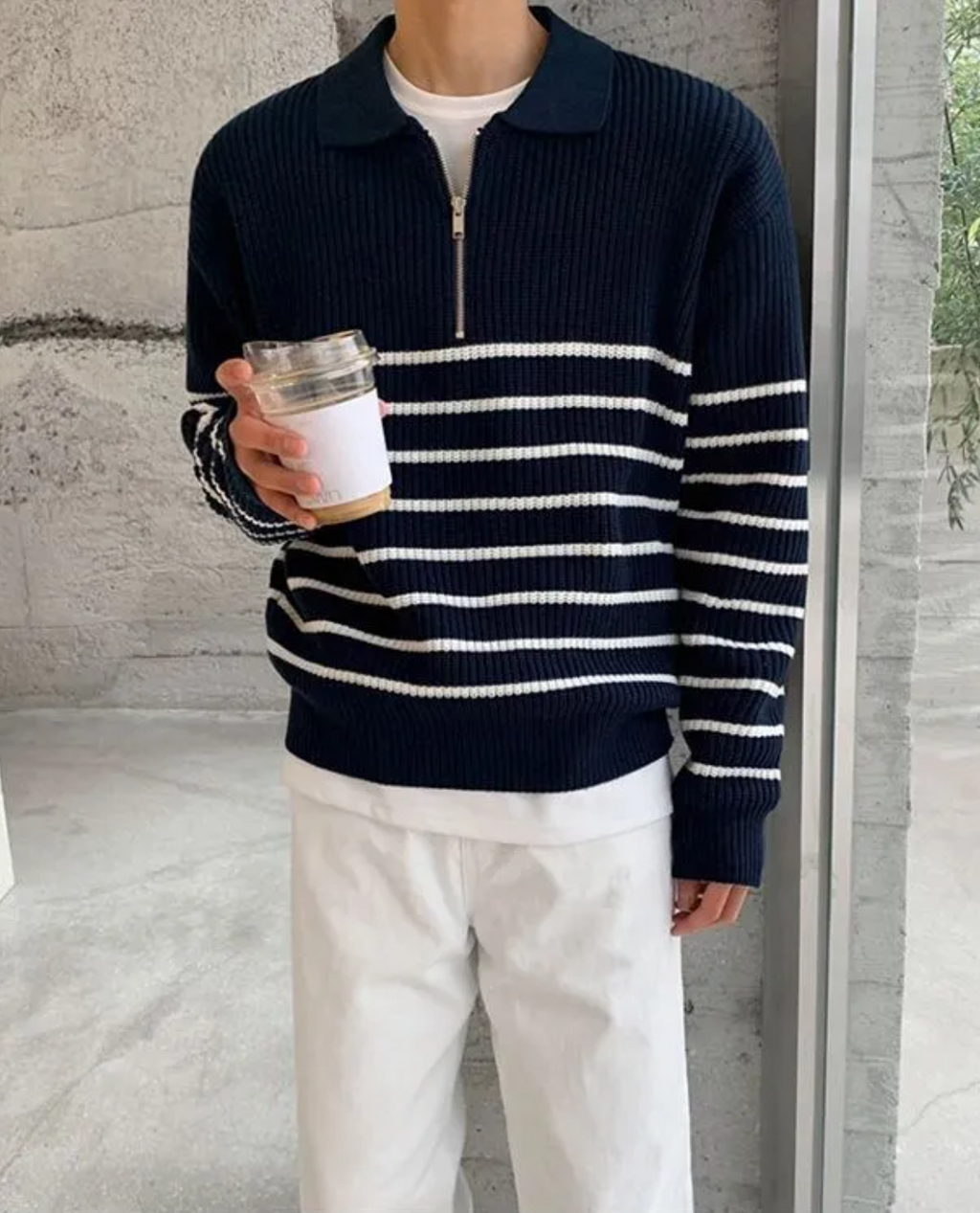 Men's Warm Relaxed Layered Quarter Zip Sweater