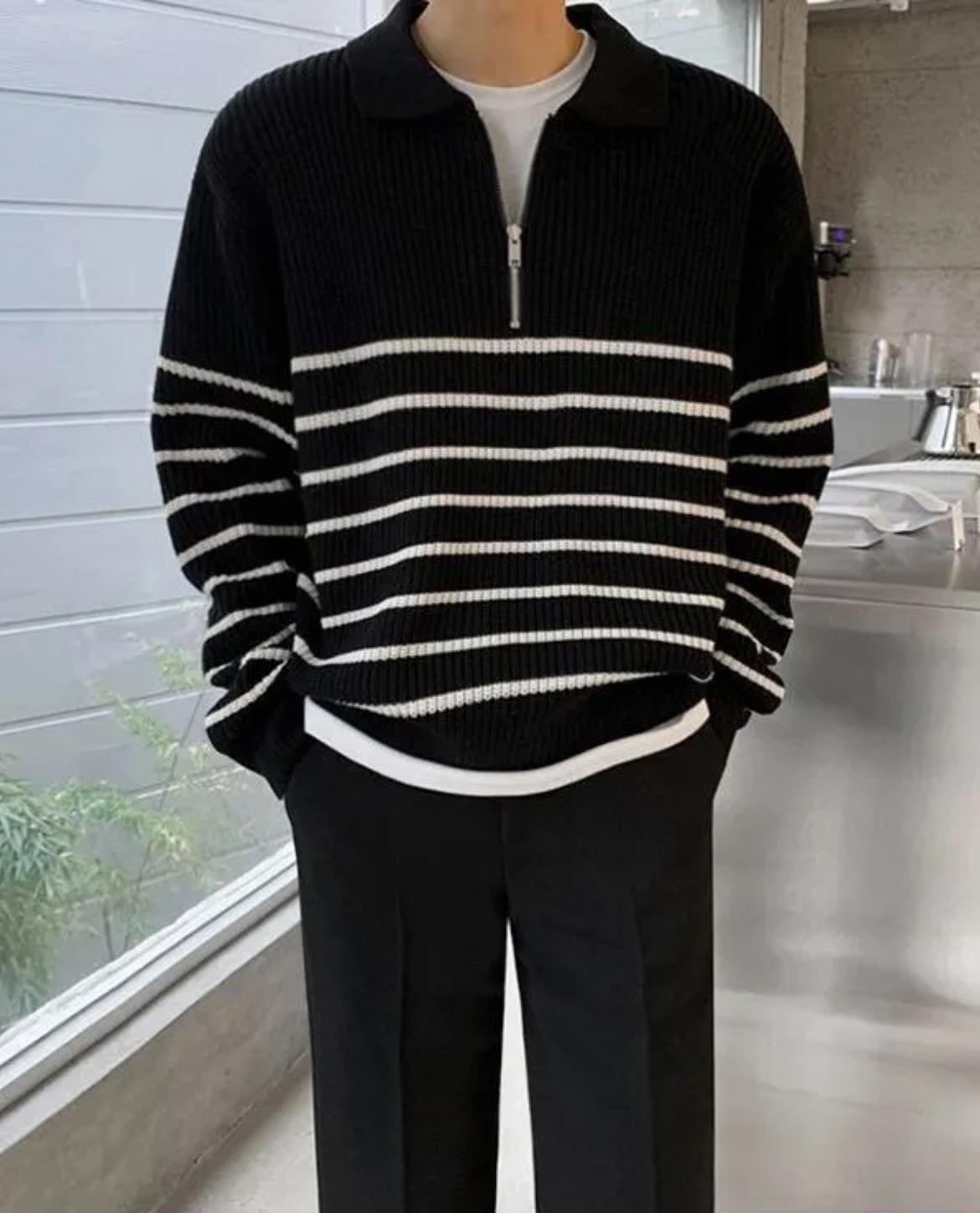 Men's Warm Relaxed Layered Quarter Zip Sweater