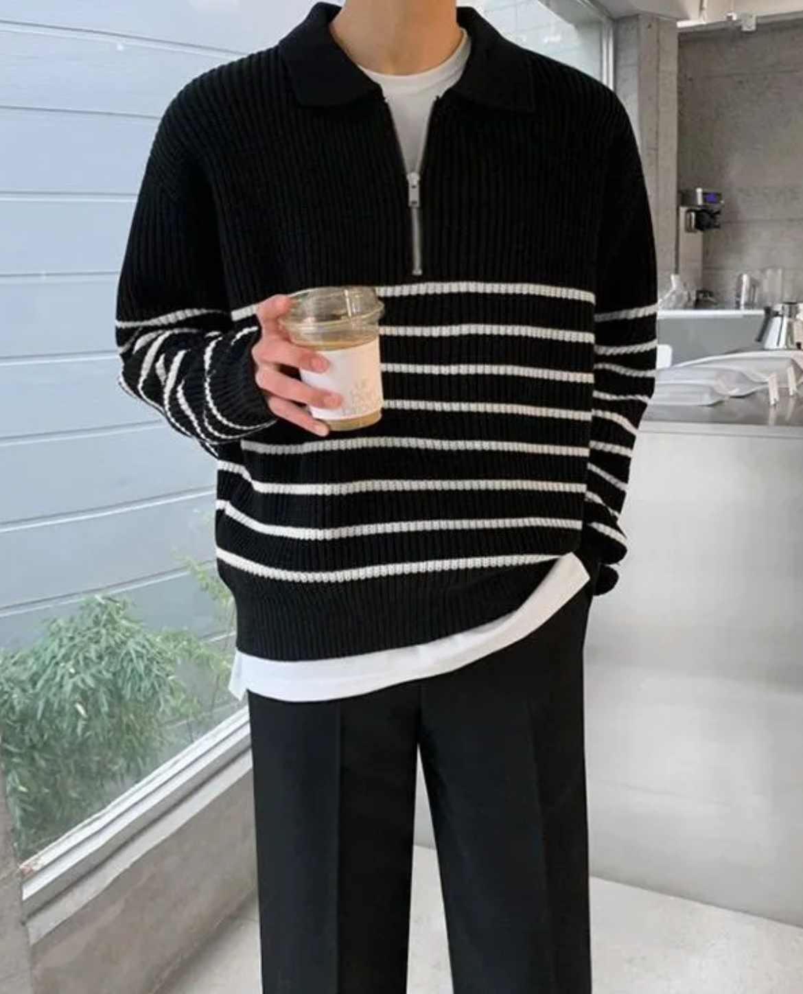 Men's Warm Relaxed Layered Quarter Zip Sweater