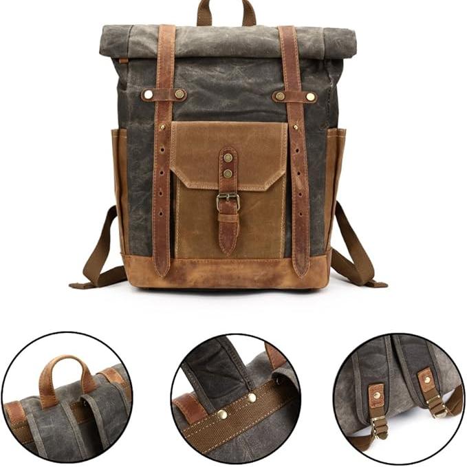 Men's Military Roll-Top Canvas Travel Hiking Laptop Backpack - Image 6