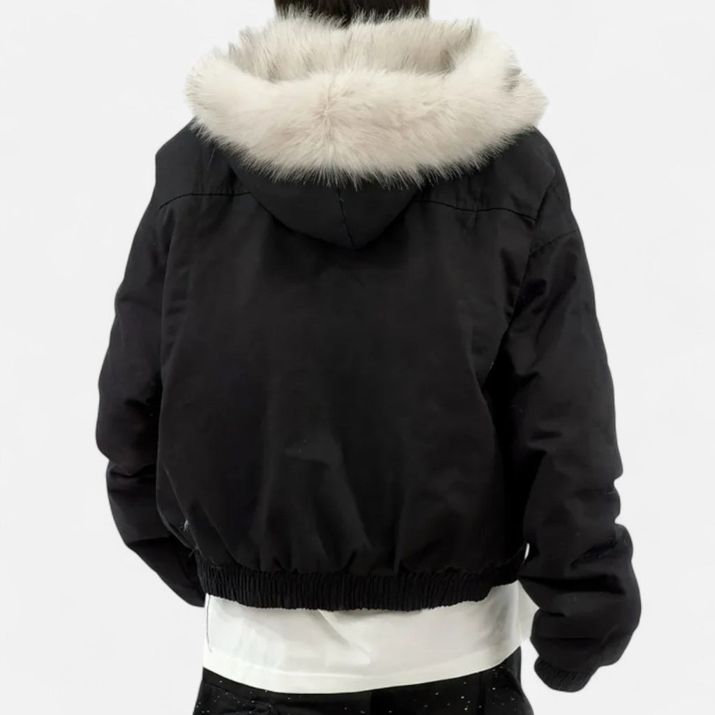 Women’s Retro Winter Fur Hooded Collar Thermal Coat with Functional Pockets and Zippers