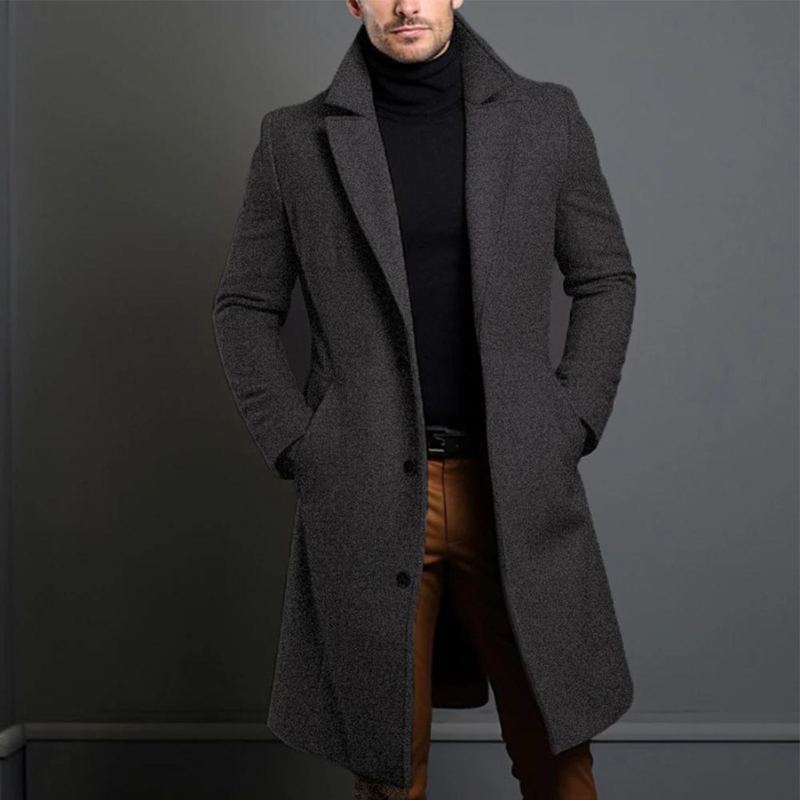 Versatile Long Warm Lapel Overcoat for Men
