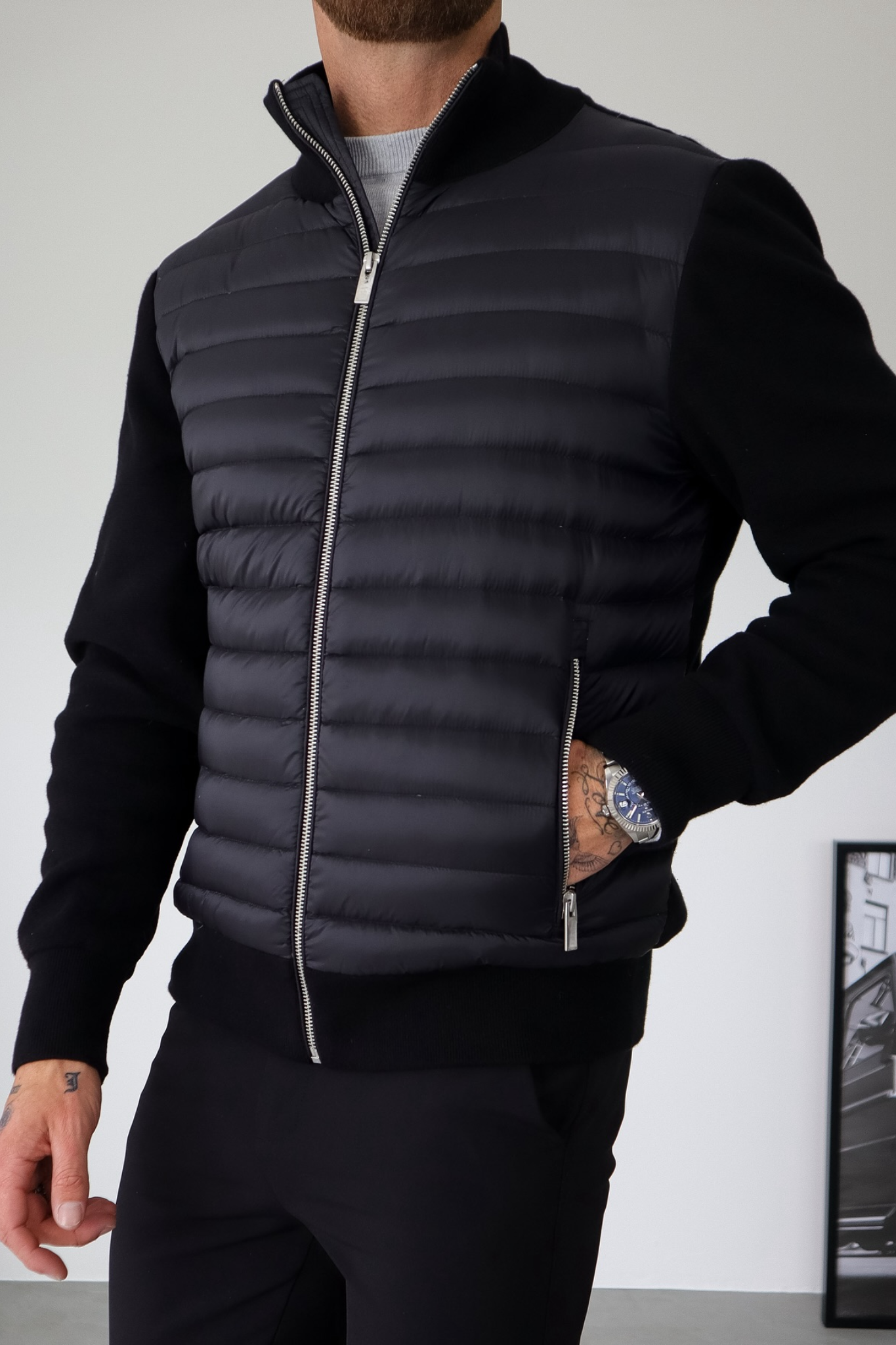 Men's Quilted Knitted Sleeve Jacket with Zipper and Pockets