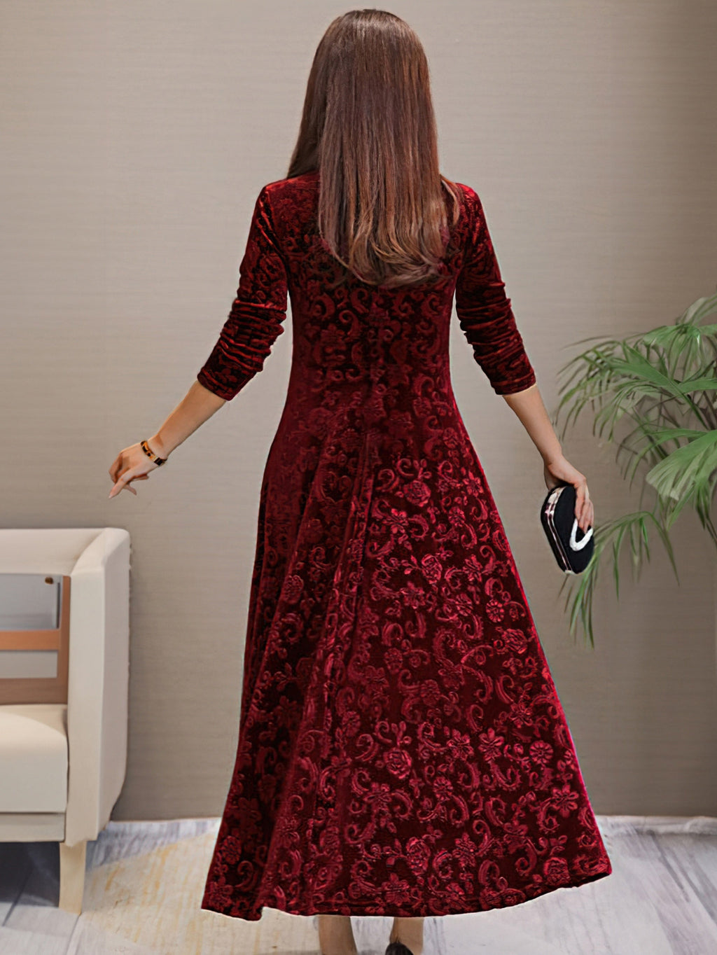 Women's Elegant V-Neck Long Sleeve Formal Dress with Floral Pattern