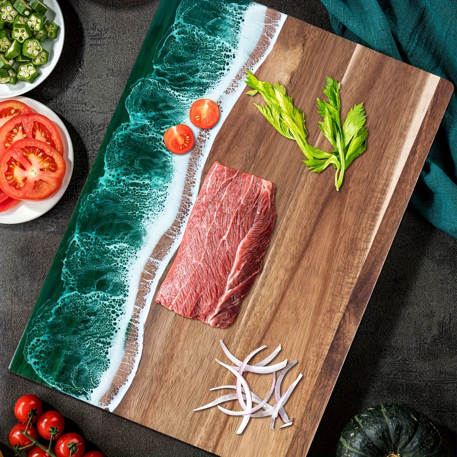 Charcuterie Board Ocean Resin Acacia Wood Cheese Serving Tray - Image 11