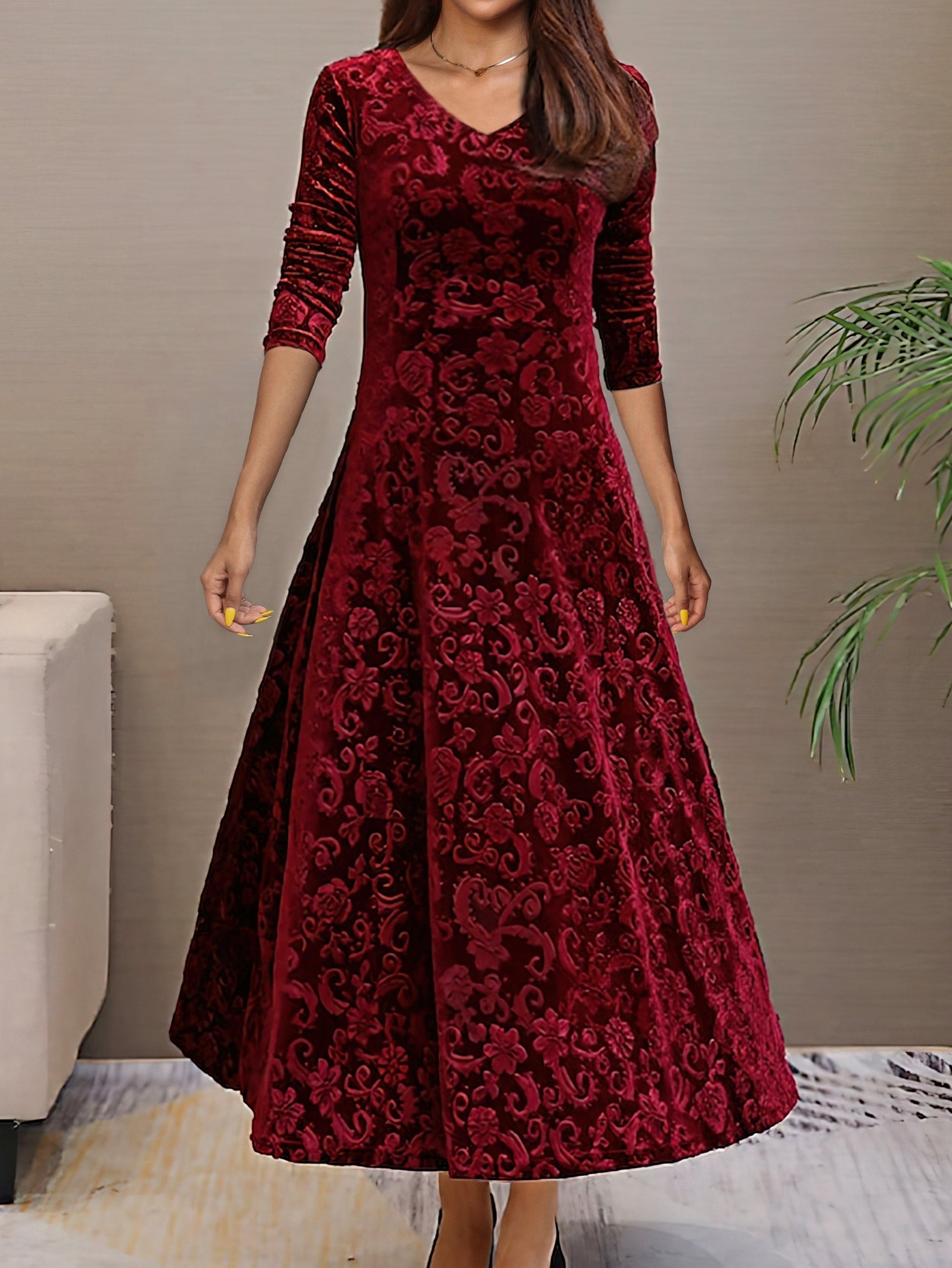 Women's Elegant V-Neck Long Sleeve Formal Dress with Floral Pattern