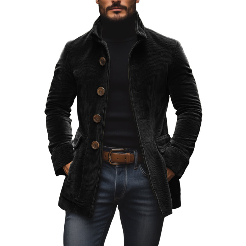 Men's Rugged Warm Outdoor Corduroy Coat with Stand-Up Collar and Side Pockets