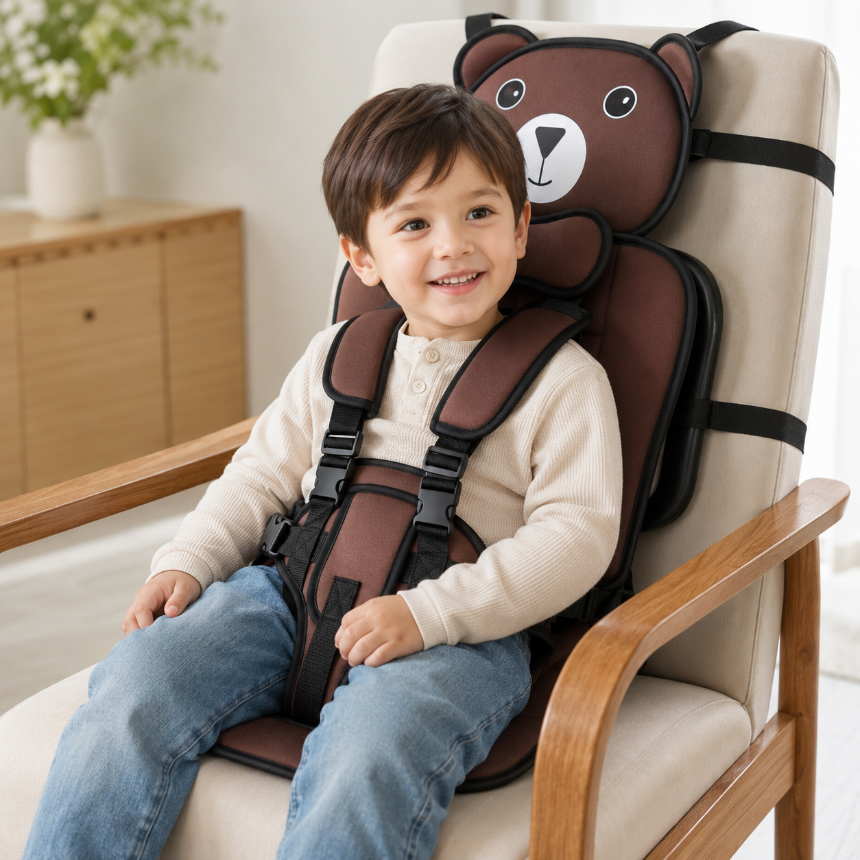 Toddler Booster Seat Cushion Cute Bear Stroller Seat Pad Adjustable Straps