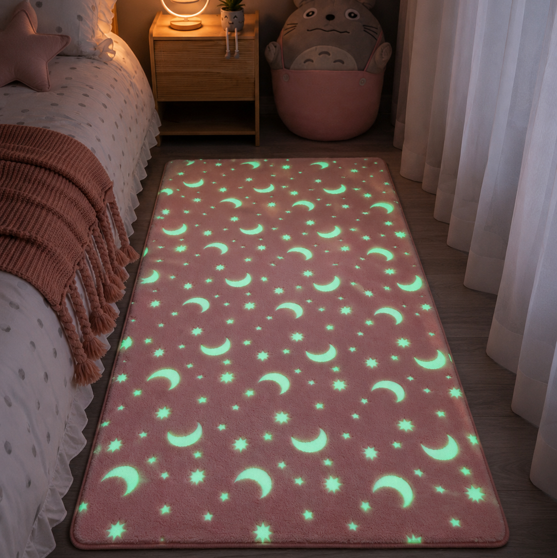 Magical Glow in the Dark Kids Rug with Moon and Star Design