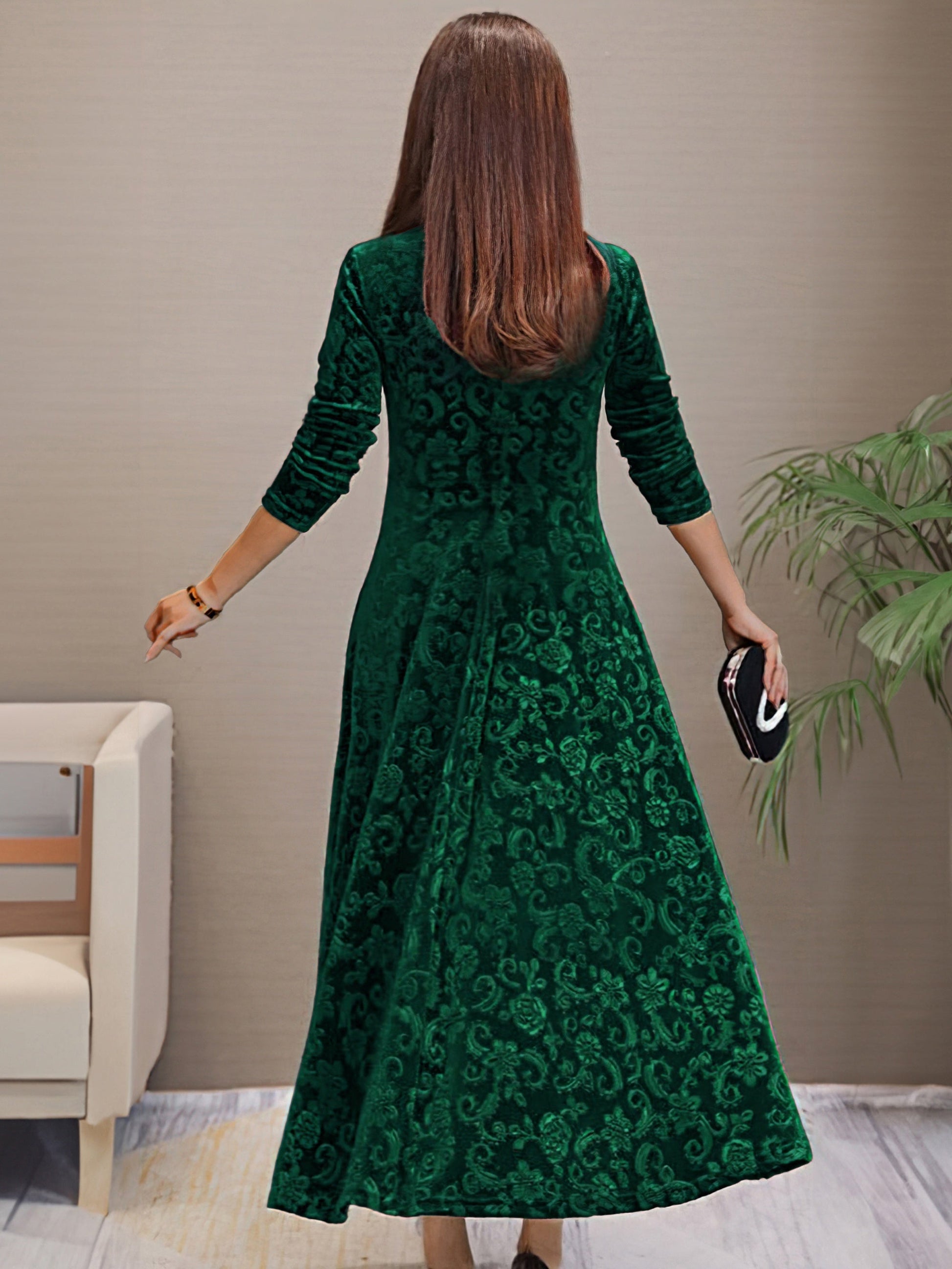Women's Elegant V-Neck Long Sleeve Formal Dress with Floral Pattern