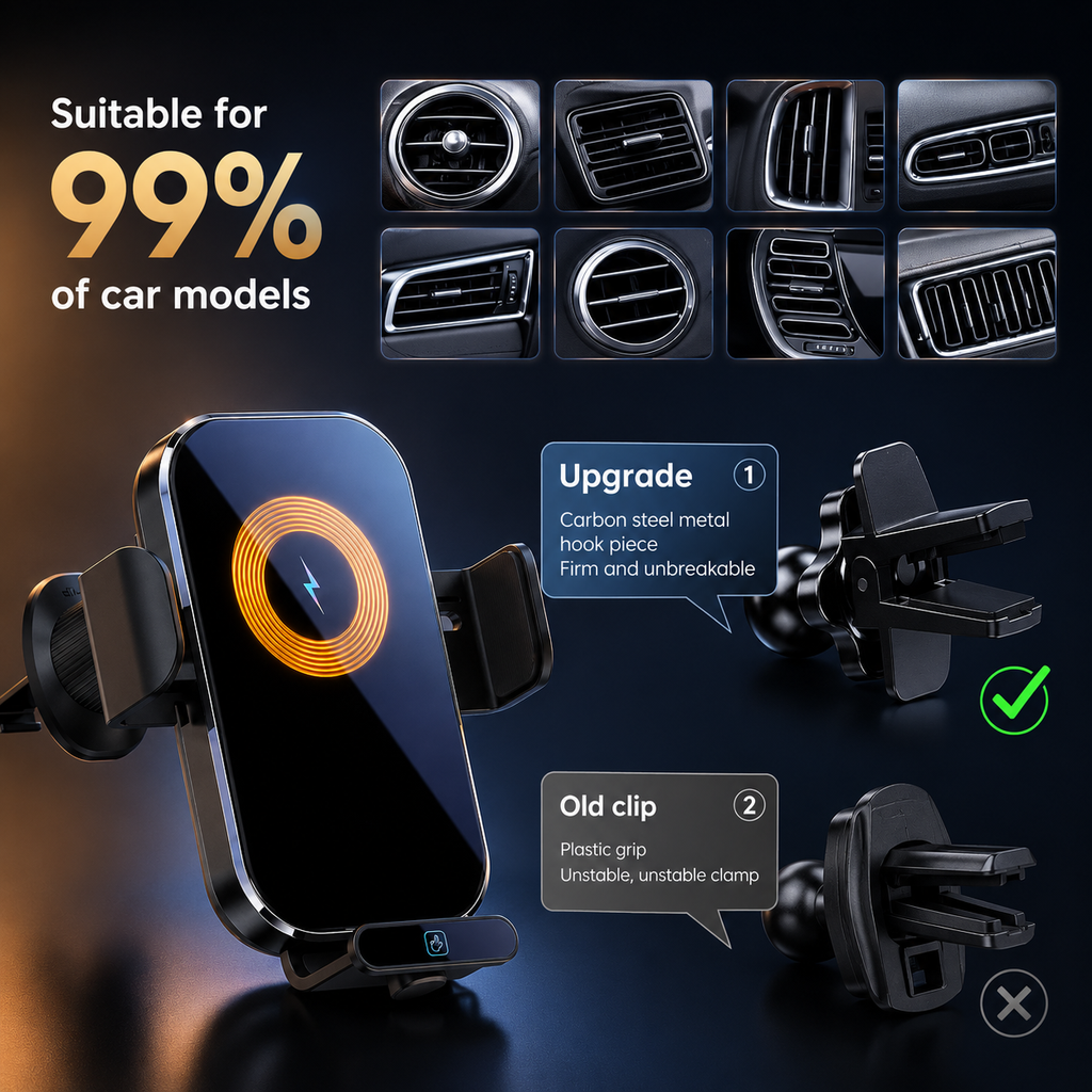15W Wireless Car Charger Mount with Auto Clamp