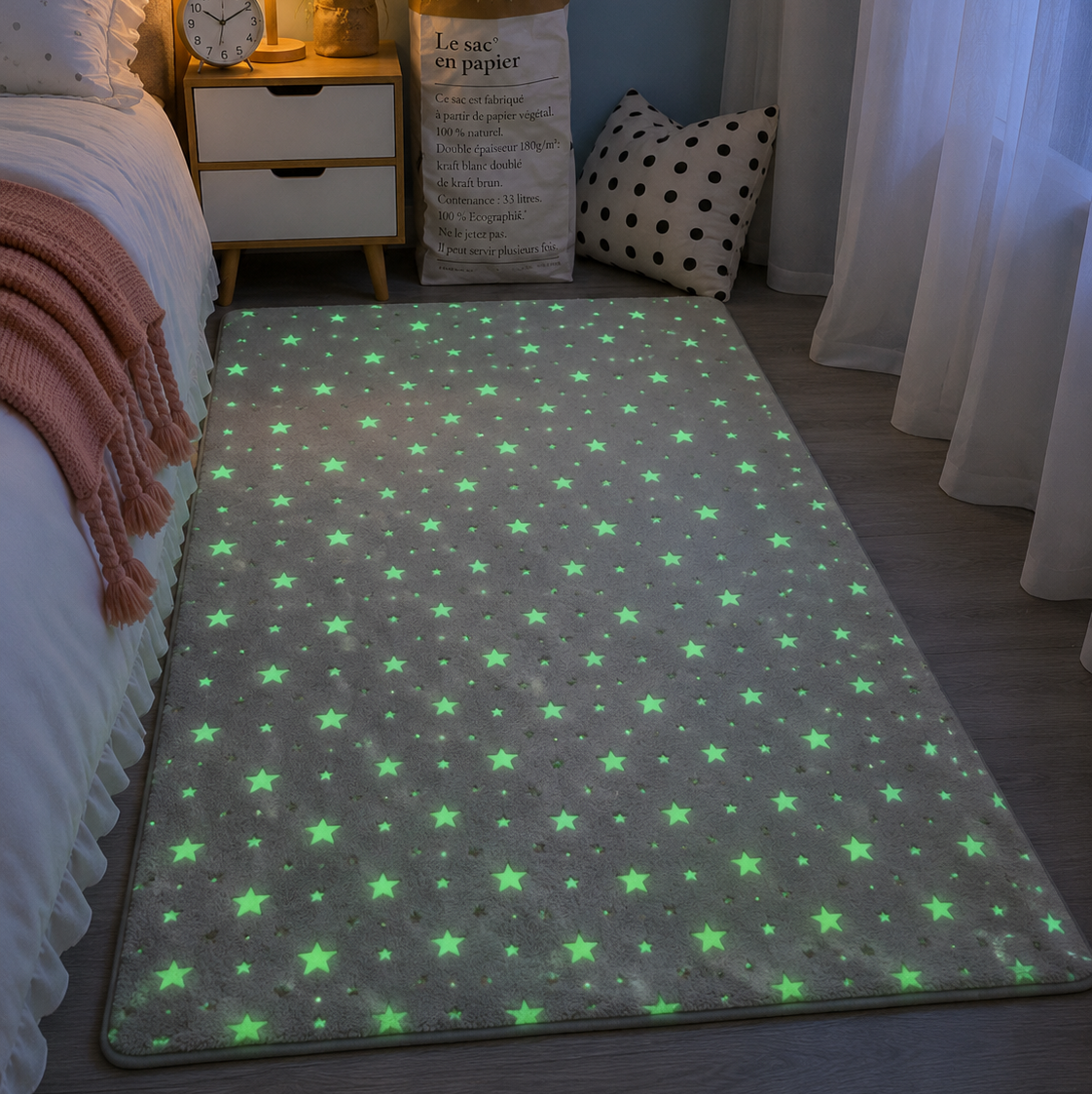 Magical Glow in the Dark Kids Rug with Moon and Star Design